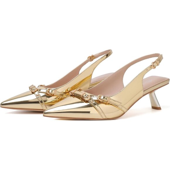 Women's Gold Pointed Toe Pumps Patent Leather Slingback Heels With Buckle - Picture 9 of 9